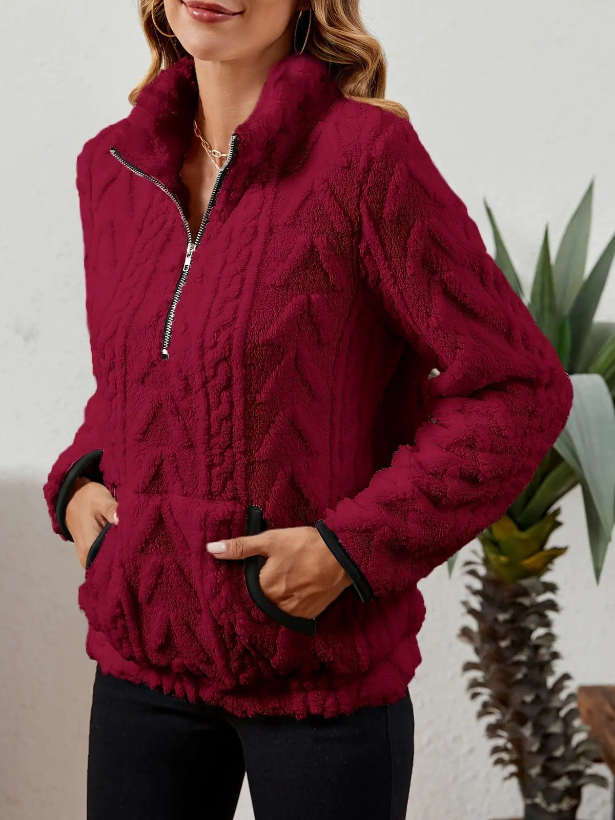 Textured Women's Half Zip Pullover Kangaroo Pocket-Women's Sweaters-Bellmaren-Burgundy-S-My Store