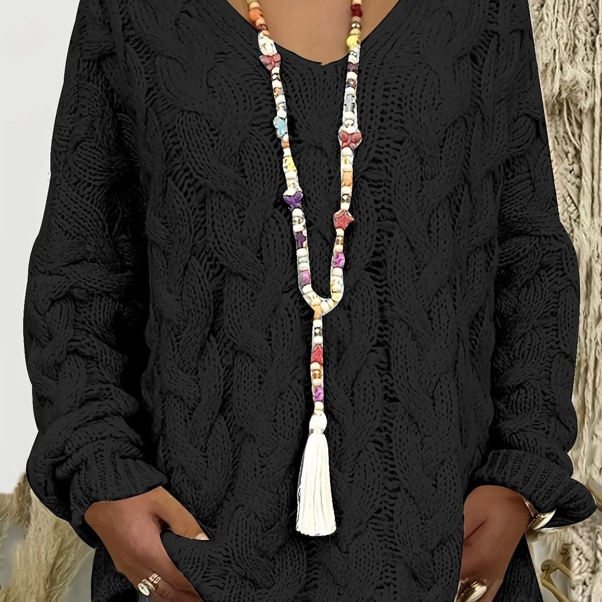 Women's Relaxed Cable-Knit V-Neck Jumper-Women's Sweaters-Bellmaren-Black-2XL-My Store