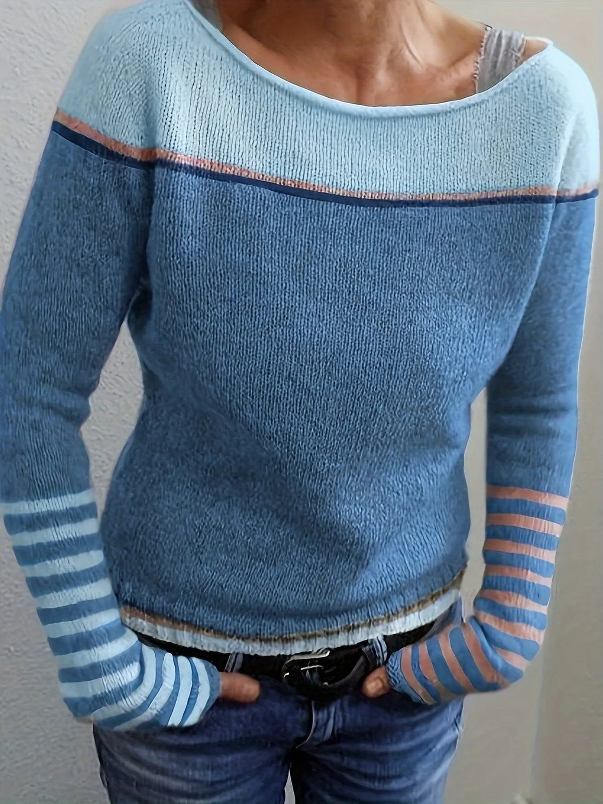 Women's Colour-Block Boat Neck Sweater With Relaxed Fit by Bellmaren