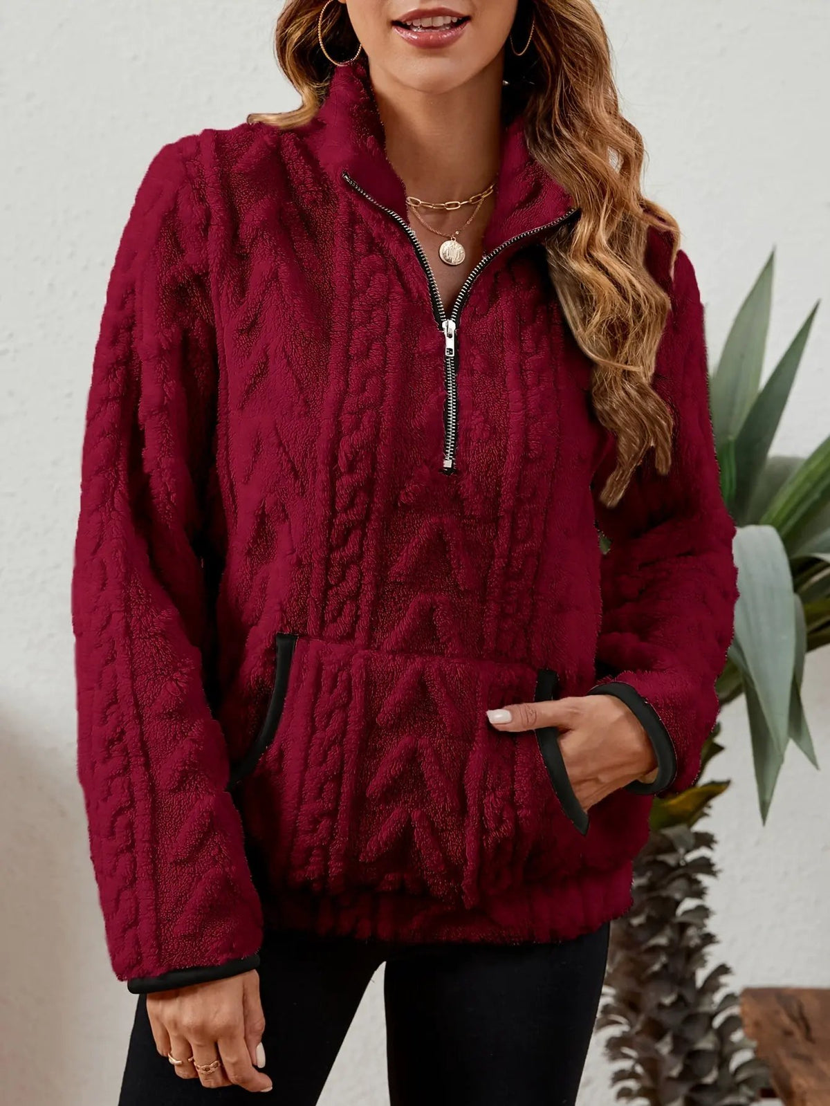 Textured Women's Half Zip Pullover Kangaroo Pocket-Women's Sweaters-Bellmaren-Burgundy-S-My Store