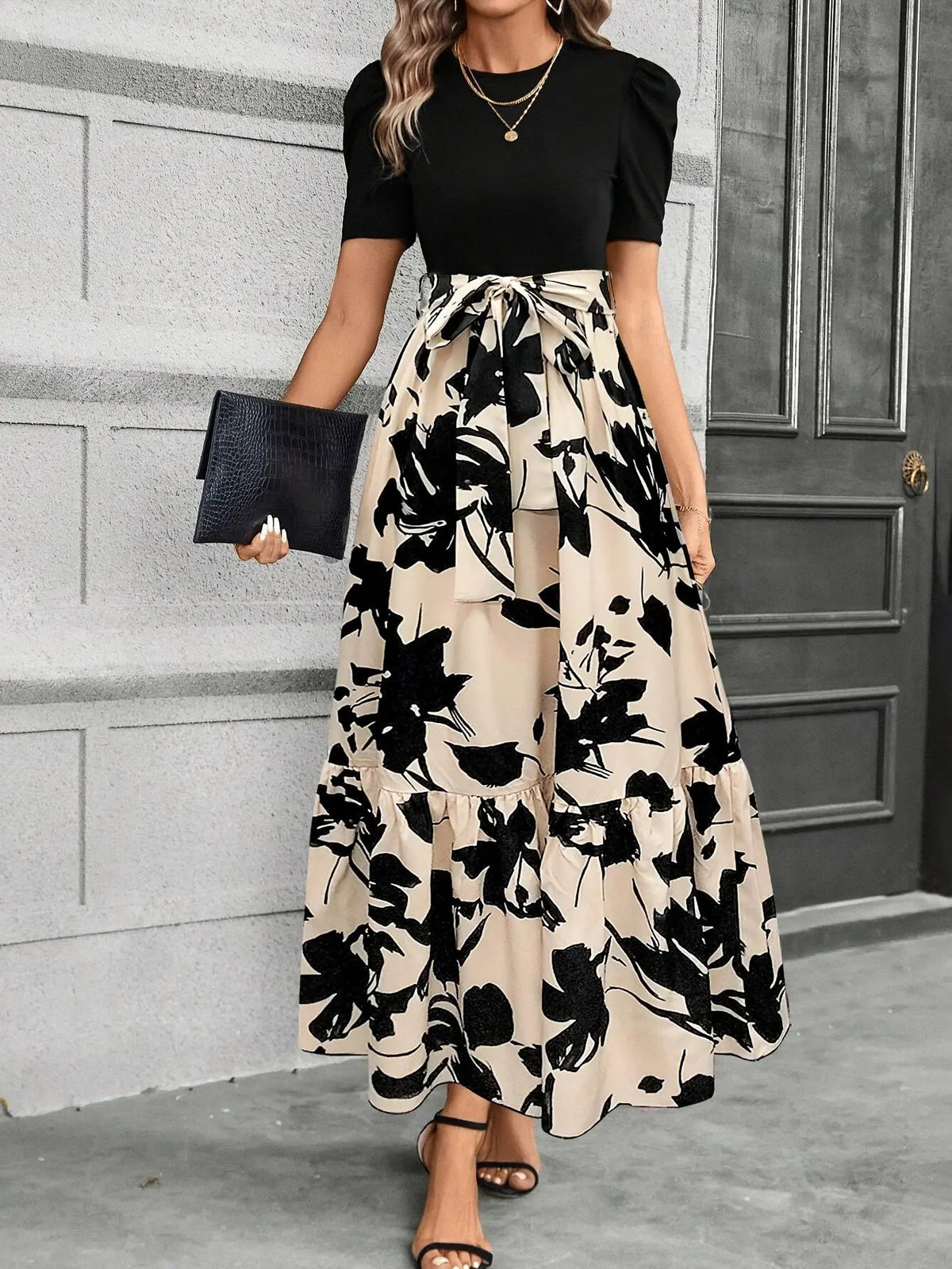 Women's Printed Tiered Maxi Dress with Tie Waist-Women's Dresses-Bellmaren-Green Black-XS-My Store