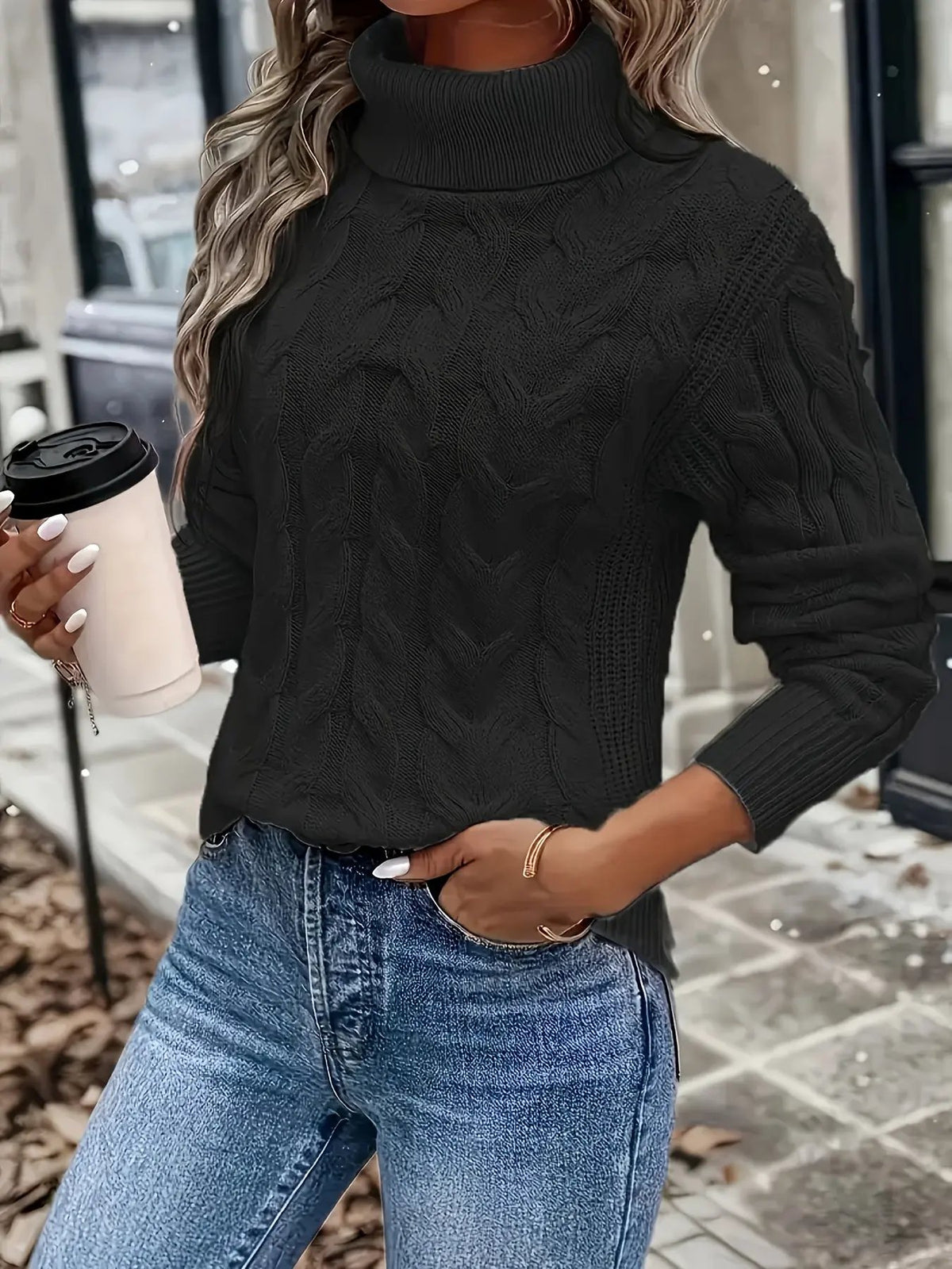 Women's Cable Knit Turtleneck Jumper in Relaxed Fit-Women's Sweaters-Bellmaren-Red-S-My Store