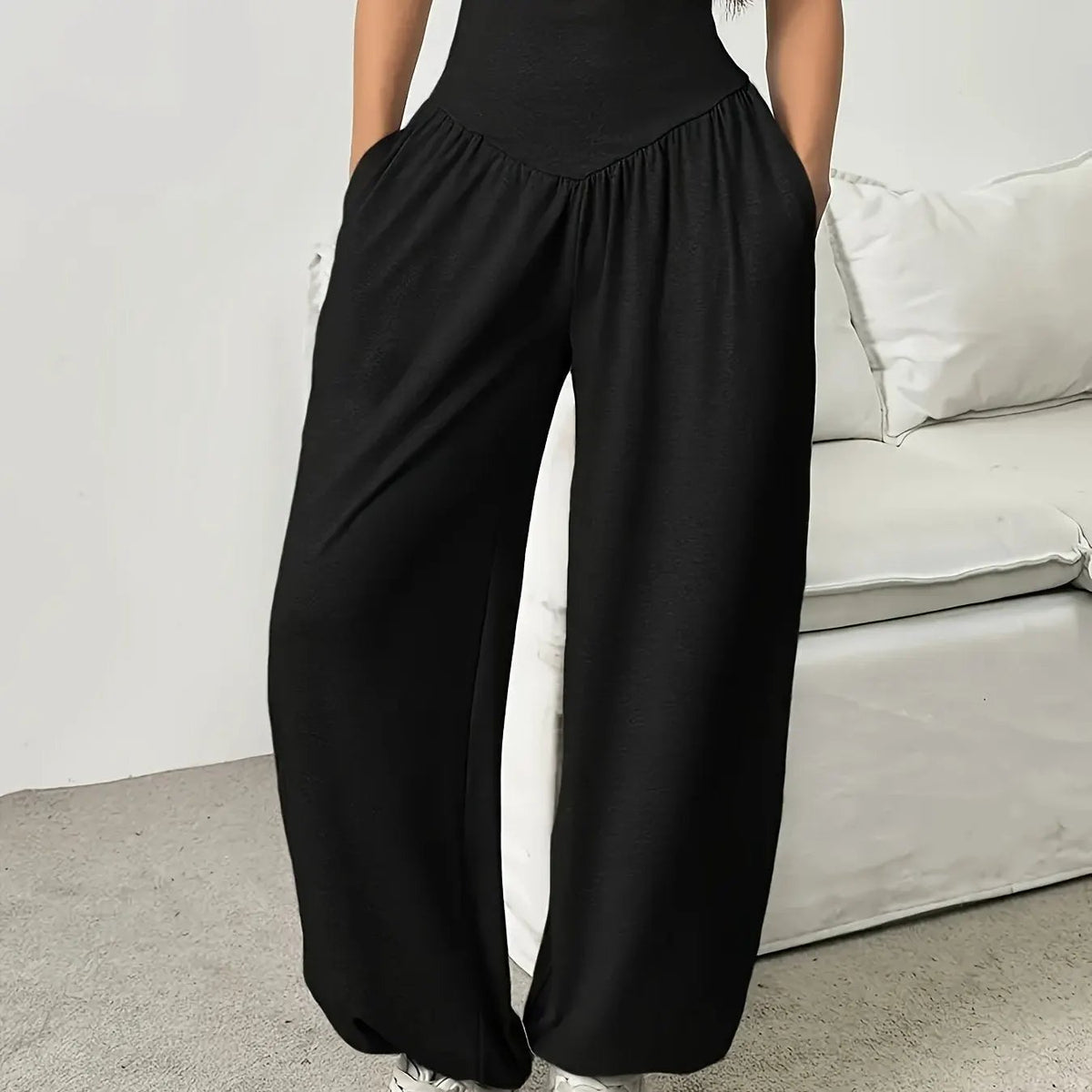 Women's High-Waist Wide-Leg Lounge Trousers-Women's Loungewear Bottoms-Bellmaren-Black-S-My Store