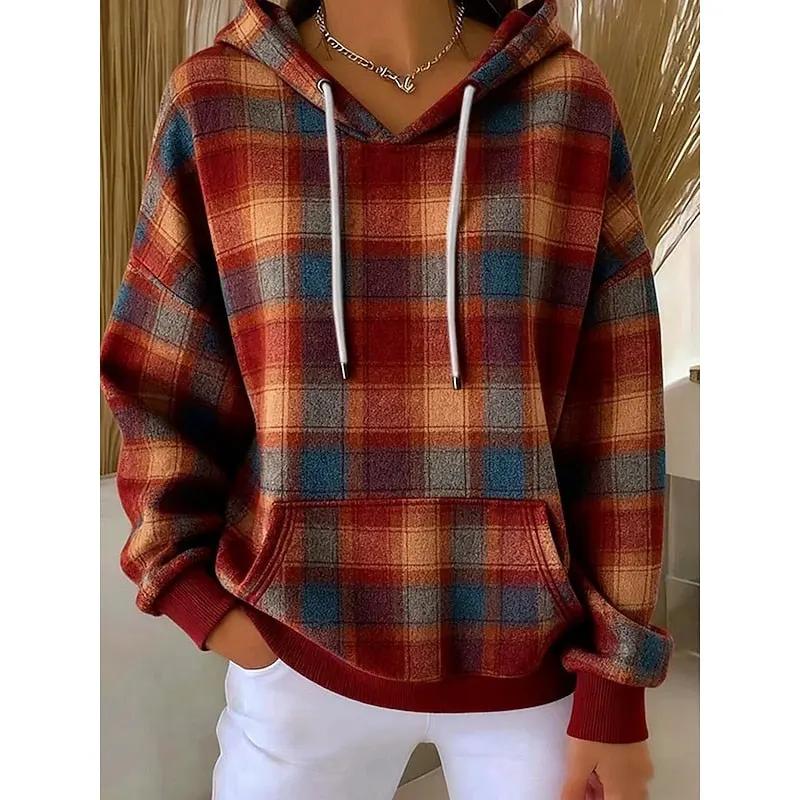 Women's Checked Hoodie – Relaxed Fit with Front Pouch Pocket