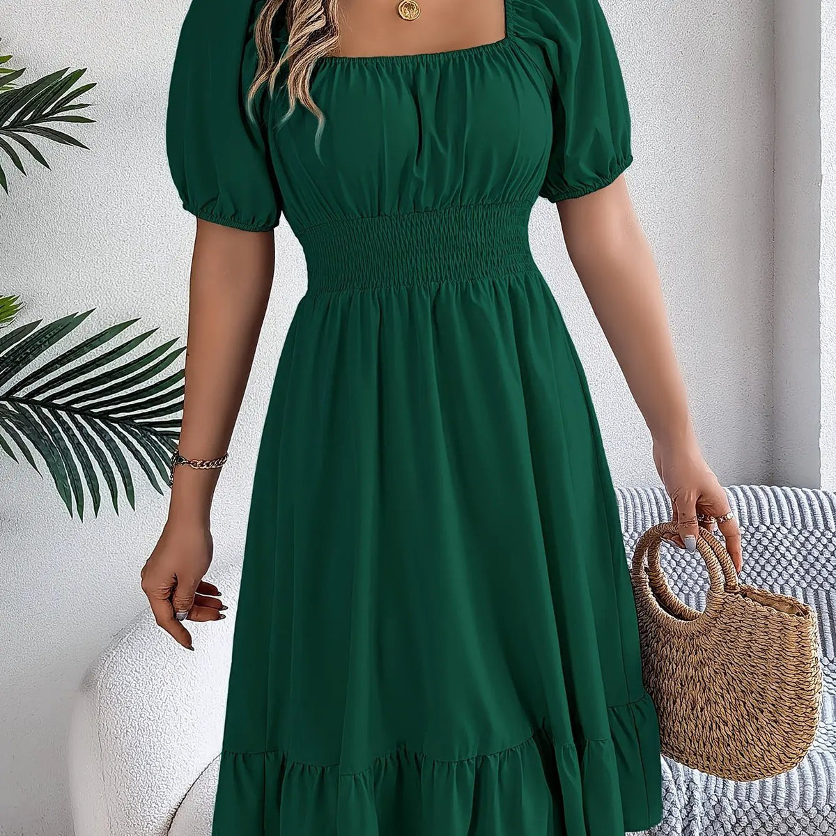 Women's Square Neck Ruffle Hem A-Line Dress-Women's Dresses-Bellmaren-Dark Green-S-My Store