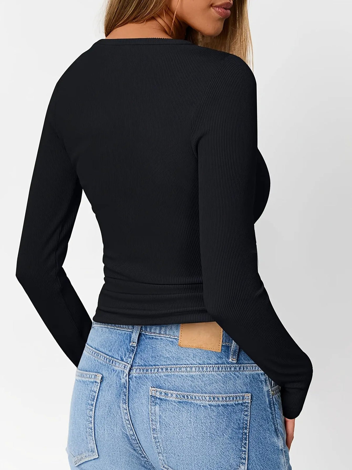 Women's Fitted Ribbed Long Sleeve Henley Top-Women's Shirts-Bellmaren-Black-S-My Store