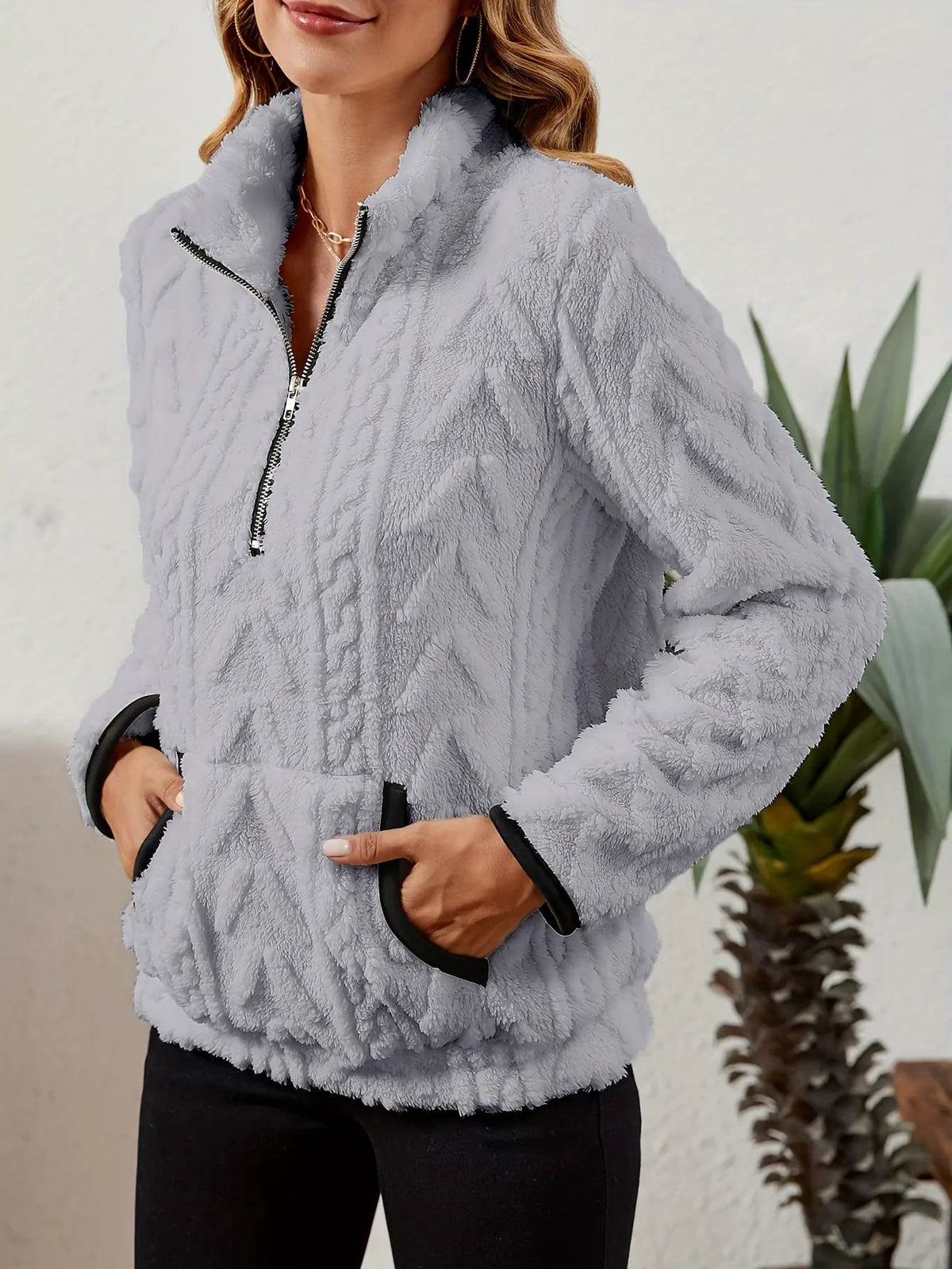 Textured Women's Half Zip Pullover Kangaroo Pocket-Women's Sweaters-Bellmaren-Burgundy-S-My Store