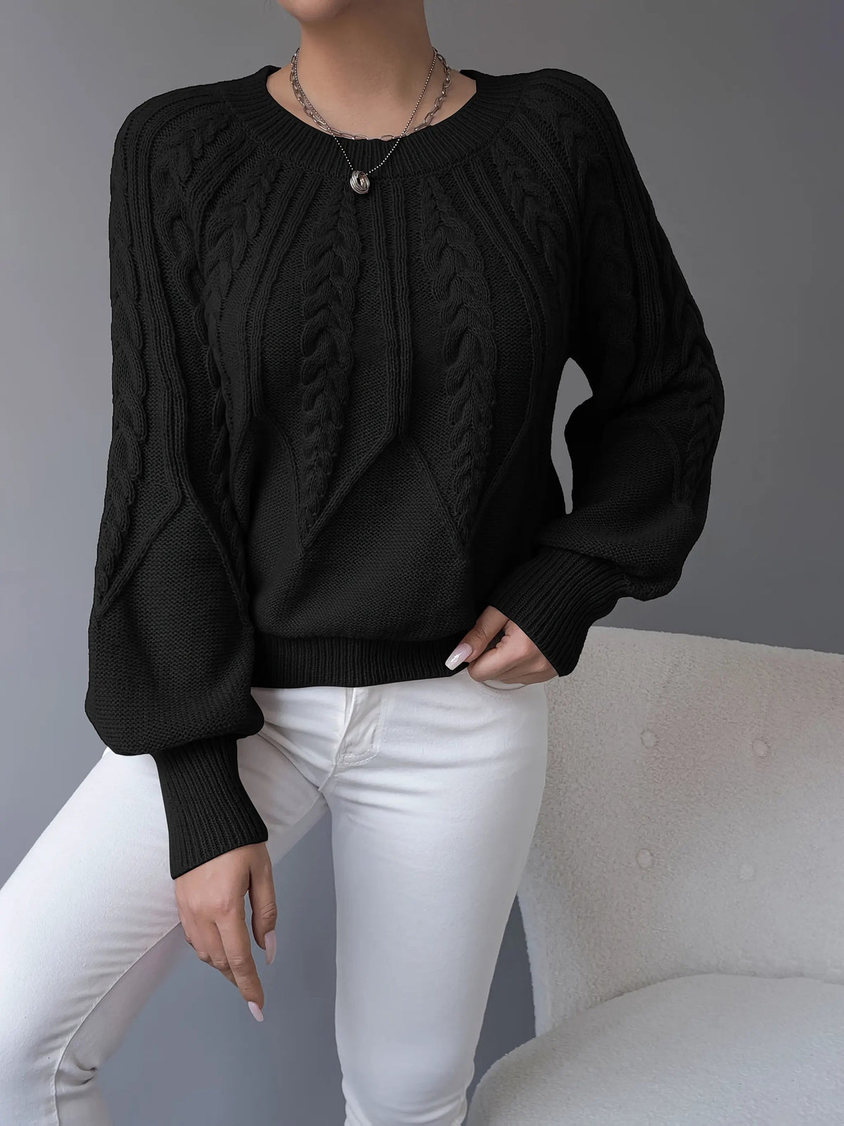 Women's Classic Cable-Knit Lantern-Sleeve Pullover Jumper-Women's Sweaters-Bellmaren-Khaki-S-My Store