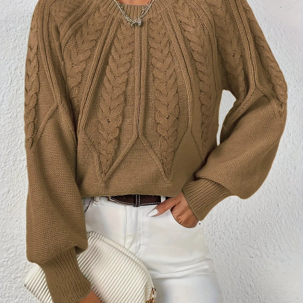 Women's Cable Knit Round Neck Sweater with Raglan Sleeves-Women's Sweaters-Bellmaren-Camel-S-My Store