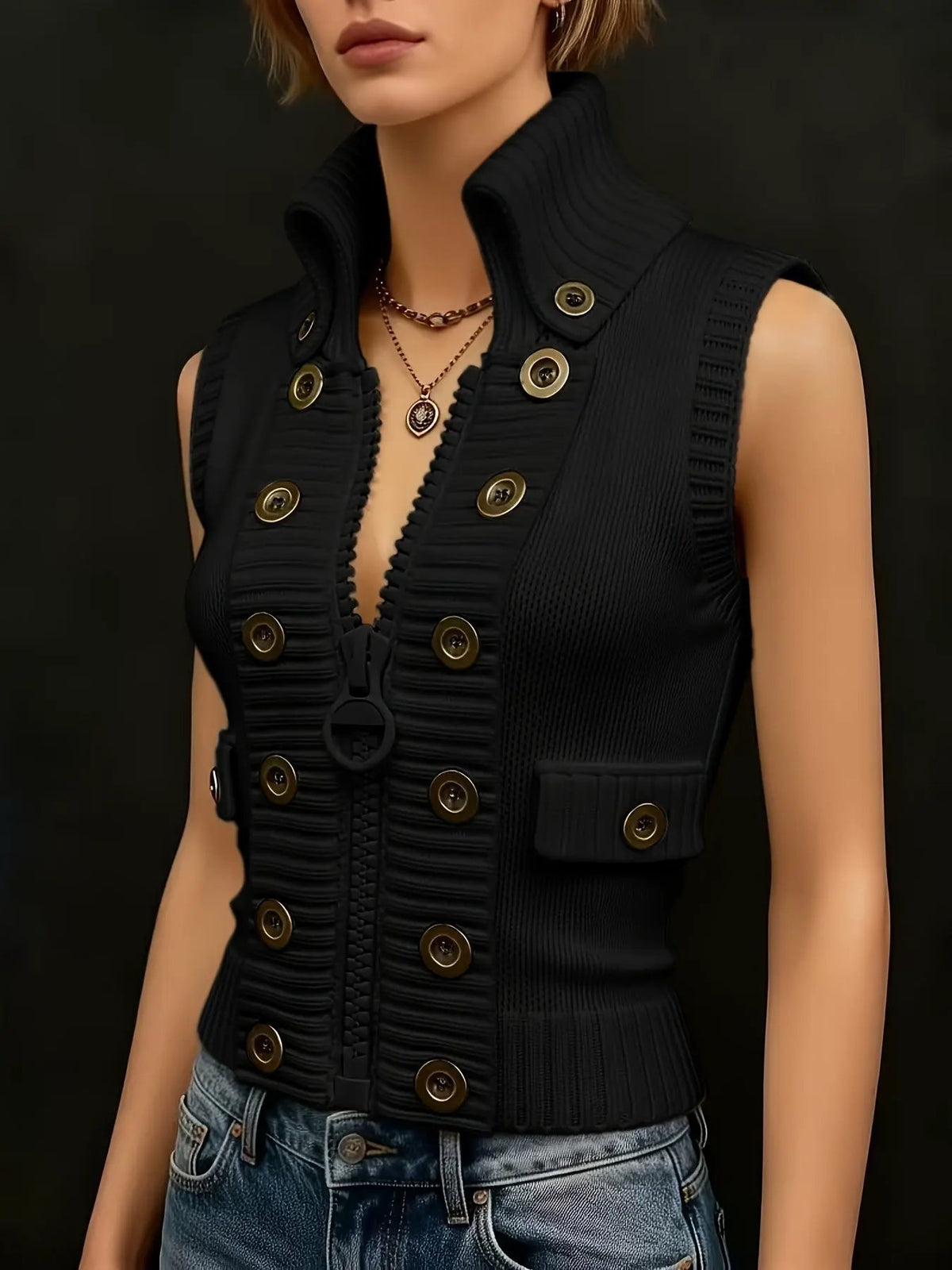 Women's Ribbed High-Collar Sleeveless Vest-Women's Vests-Bellmaren-Milky-S-My Store