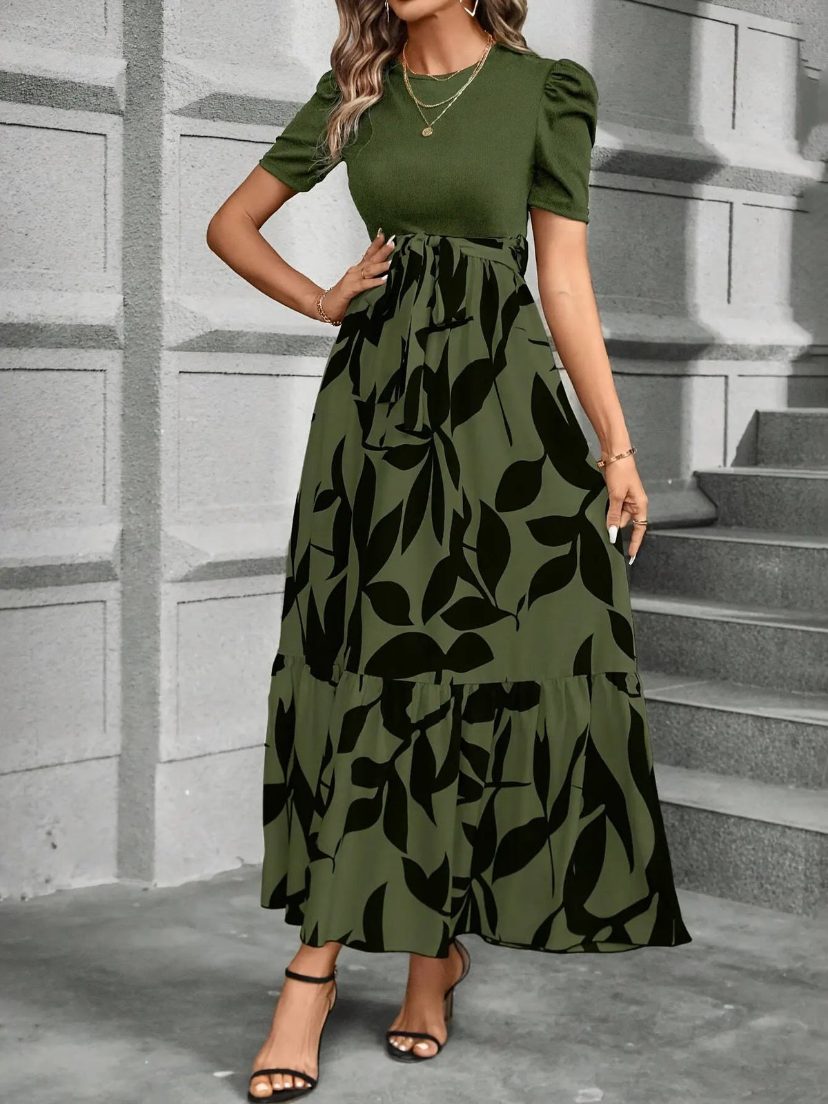 Women's Printed Tiered Maxi Dress with Tie Waist-Women's Dresses-Bellmaren-Green Black-XS-My Store