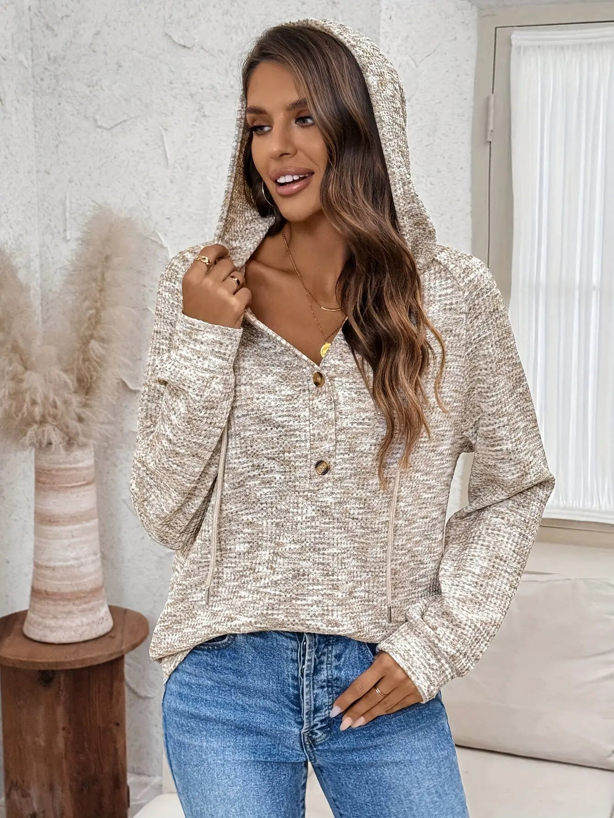 Women's Button-Front Textured Hooded Sweatshirt-Women's Hoodies-Bellmaren-Beige & White-S-My Store