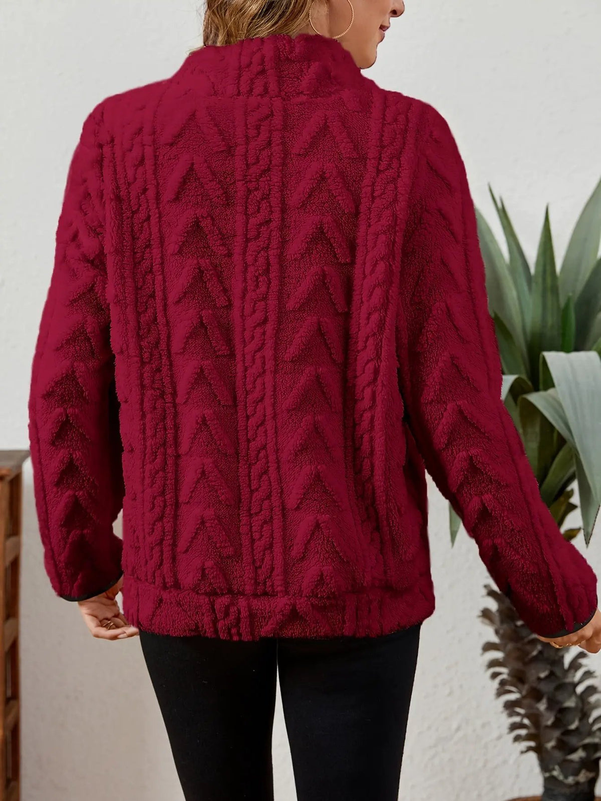 Textured Women's Half Zip Pullover Kangaroo Pocket-Women's Sweaters-Bellmaren-Burgundy-S-My Store