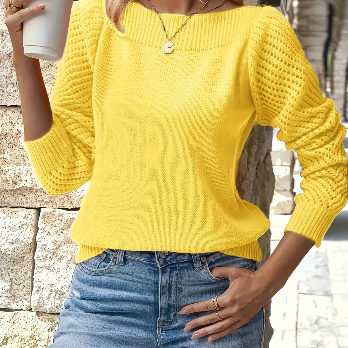 Women's Crew Neck Openwork Sleeve Sweater - Relaxed Fit by Bellmaren