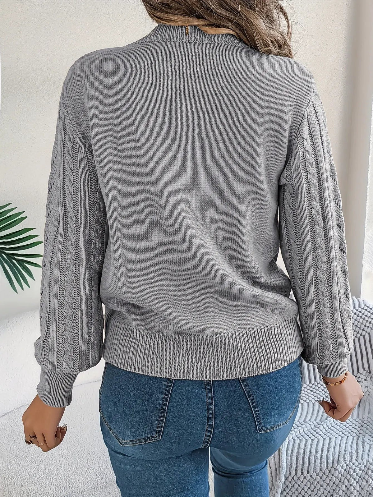 Women's Cable Knit Textured Sweater with Openwork Detailing-Women's Sweaters-Bellmaren-Khaki-S-My Store
