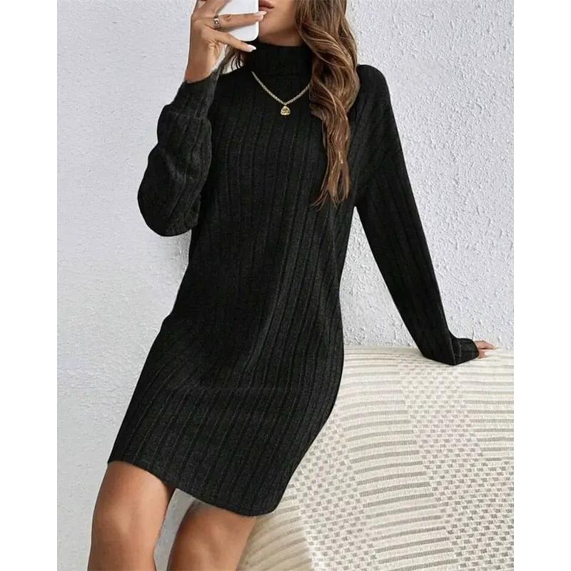 Women's Ribbed Textured Roll Neck Dress Relaxed Fit-Women's Dresses-Bellmaren-Light Grey-S-My Store