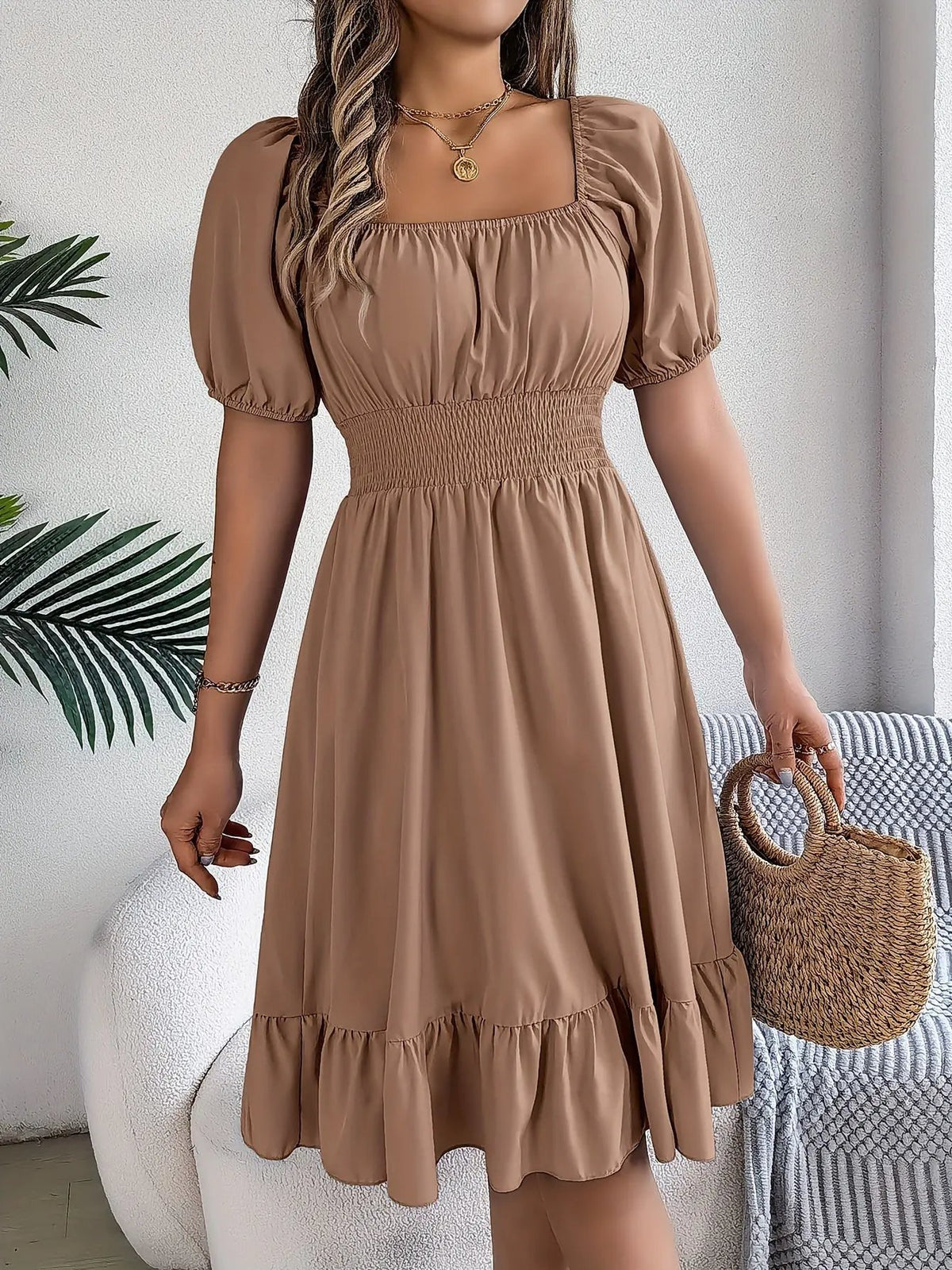 Women's Square Neck Ruffle Hem A-Line Dress-Women's Dresses-Bellmaren-Sky Blue-S-My Store