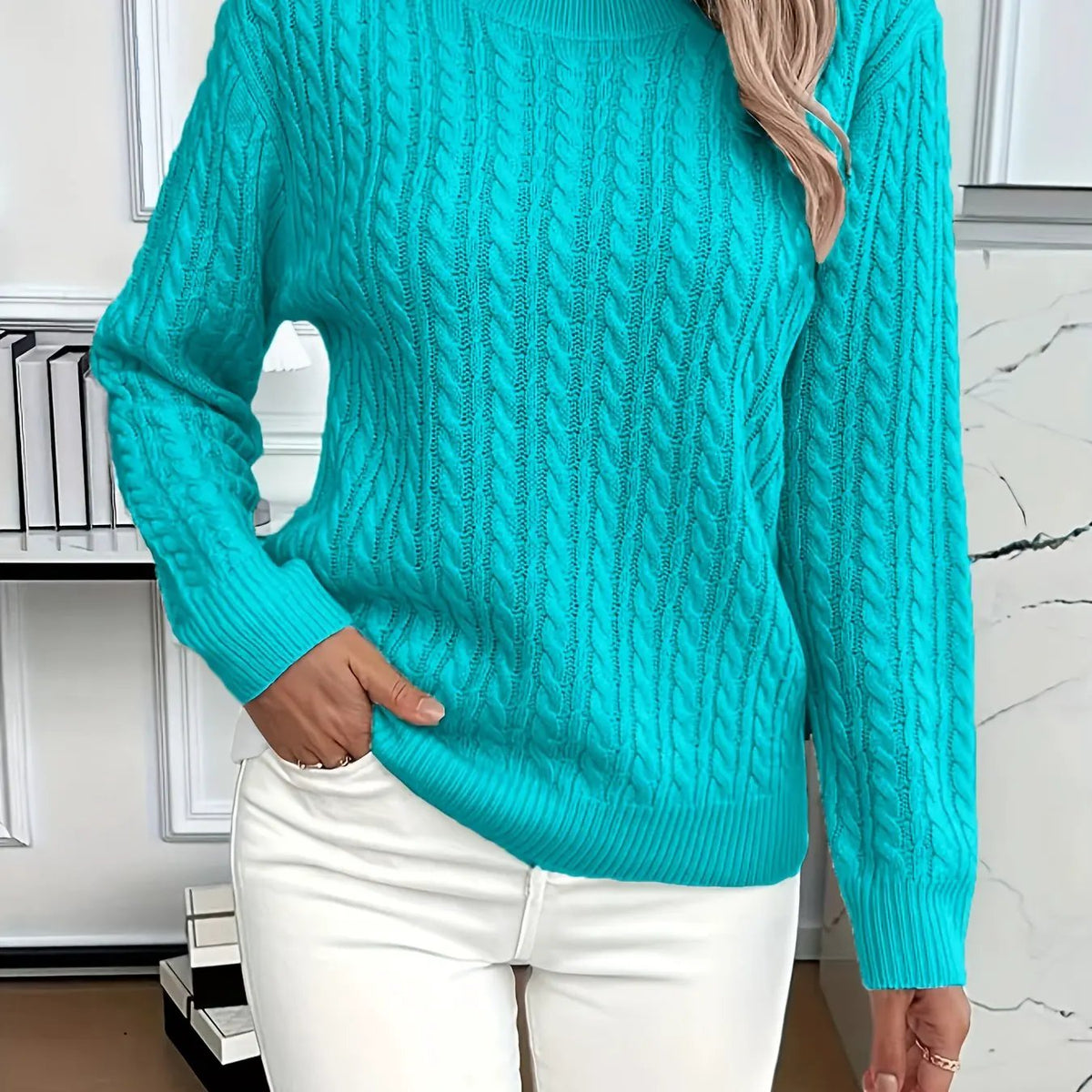 Women's Cable Knit Round Neck Jumper Relaxed Silhouette-Women's Sweaters-Bellmaren-Peacock Blue-S-My Store