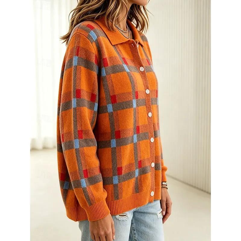 Women's Plaid Button Cardigan with Collar-Women’s Cardigans-Bellmaren-Orange-S-My Store