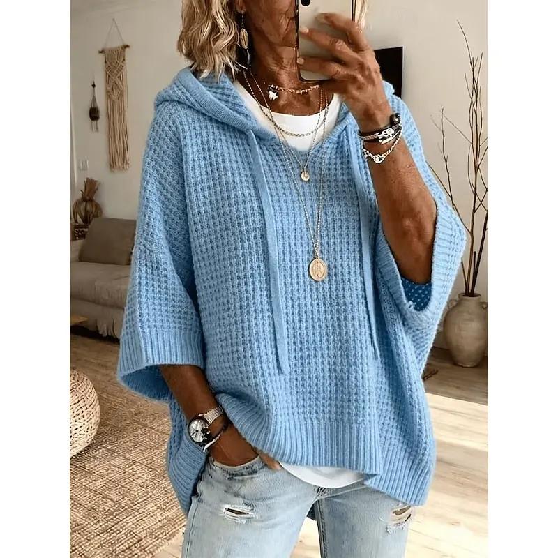 Women's Relaxed Waffle-Textured Hoodie With Drawstrings-Women's Hoodies-Bellmaren-Blue-S-My Store