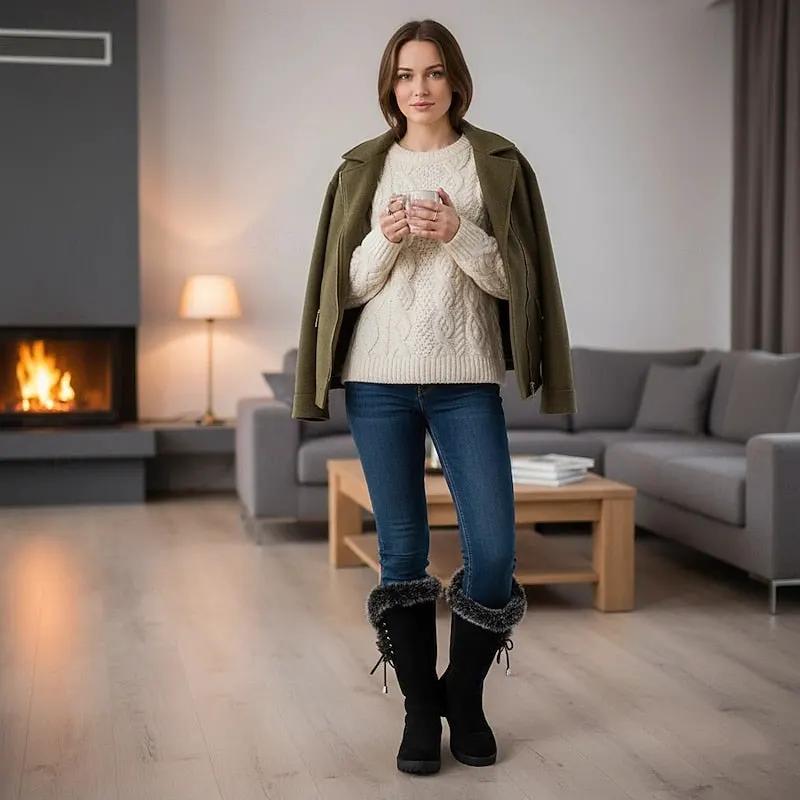 Women's Knee-High Winter Boots with Fur Trim-Women's Shoes-Bellmaren-Yellow-4-My Store