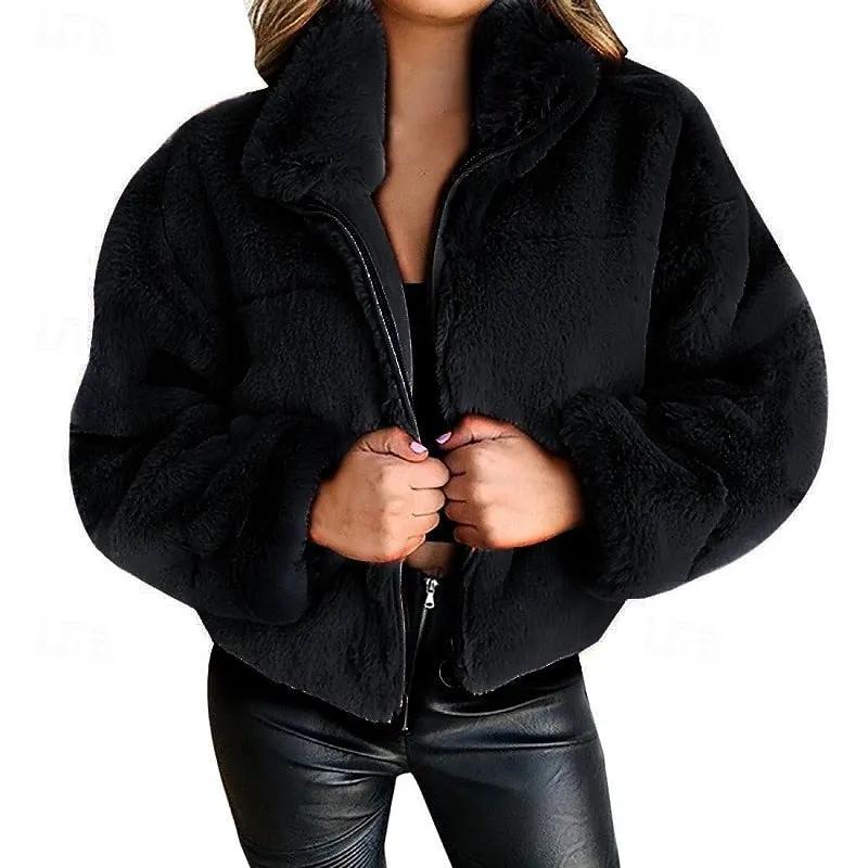 Women's Plush Cropped Zip Jacket with Stand-Up Collar-Women's Coats & Jackets-Bellmaren-Black-M-My Store