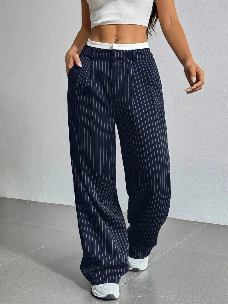 Women's High Waist Wide-Leg Striped Trousers – Lightweight Flow