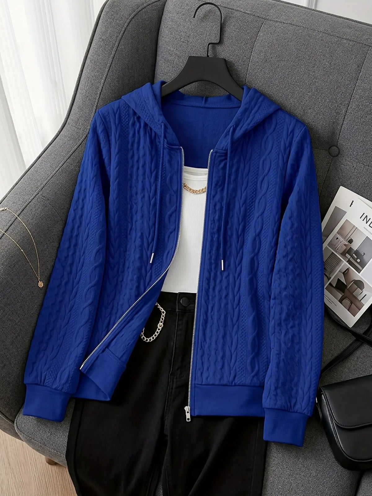 Women's Textured Zip-Up Hooded Jacket with Drawstring-Women's Coats & Jackets-Bellmaren-Blue-S-My Store