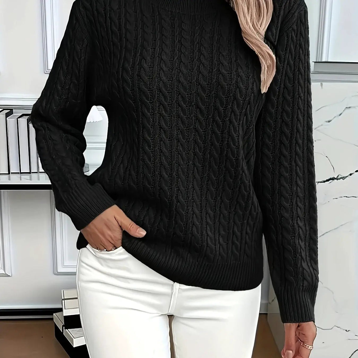 Women's Cable Knit Round Neck Jumper Relaxed Silhouette-Women's Sweaters-Bellmaren-Black-S-My Store