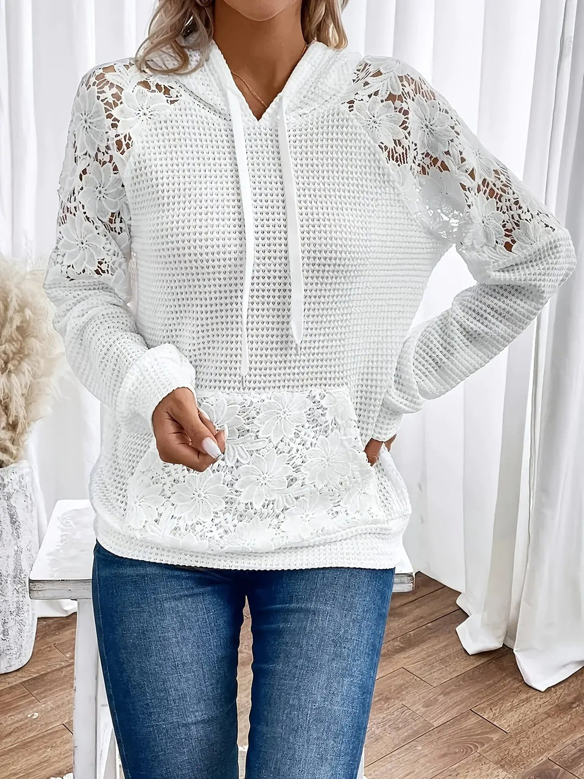 Women's Waffle Textured Hooded Top With Floral Trim-Women's Hoodies-Bellmaren-White-S-My Store
