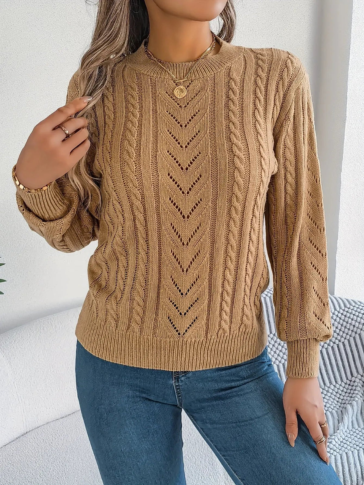 Women's Cable Knit Textured Sweater with Openwork Detailing-Women's Sweaters-Bellmaren-Khaki-S-My Store