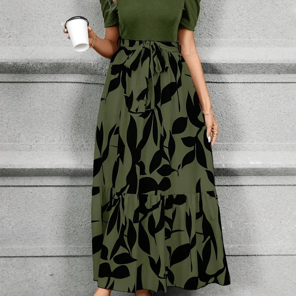 Women's Printed Tiered Maxi Dress with Tie Waist-Women's Dresses-Bellmaren-Green Black-XS-My Store