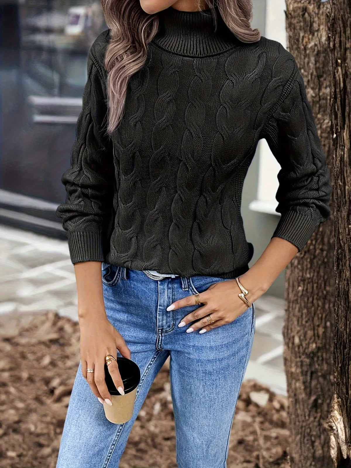 Women's Cable Knit Turtleneck Jumper in Relaxed Fit-Women's Sweaters-Bellmaren-Red-S-My Store
