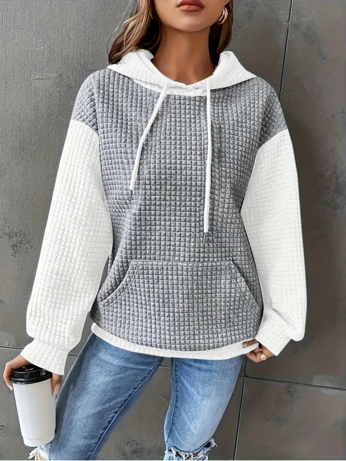 Women's Oversized Waffle-Knit Hoodie with Pouch Pocket-Women's Hoodies-Bellmaren-Grey-S-My Store