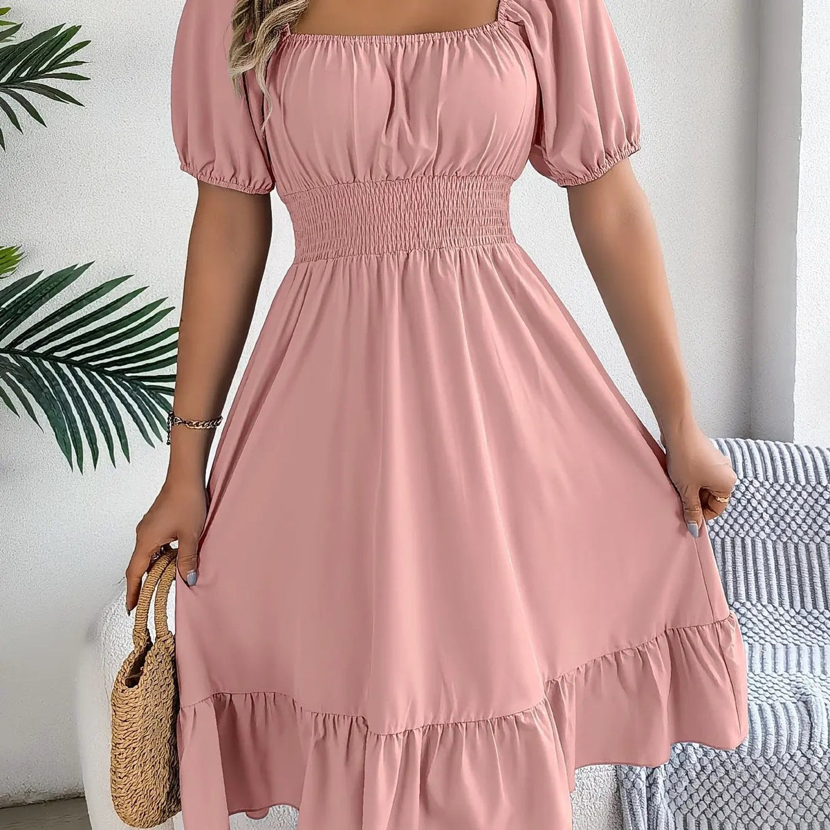 Women's Square Neck Ruffle Hem A-Line Dress-Women's Dresses-Bellmaren-Pink-S-My Store