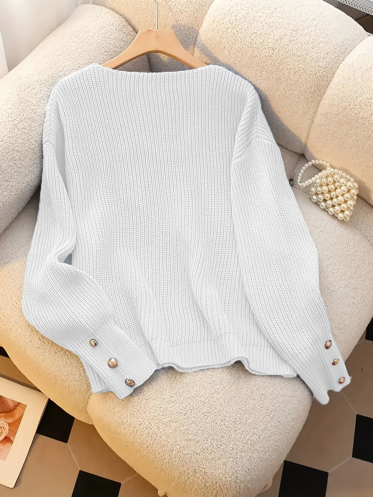 Women's Ribbed V-Neck Sweater with Button Cuffs by Bellmaren