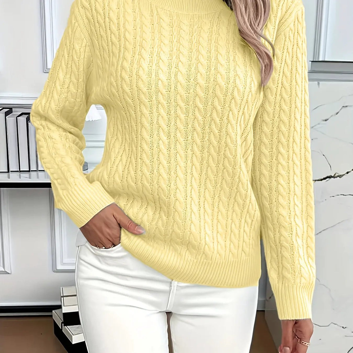 Women's Cable Knit Round Neck Jumper Relaxed Silhouette-Women's Sweaters-Bellmaren-Yellow-S-My Store