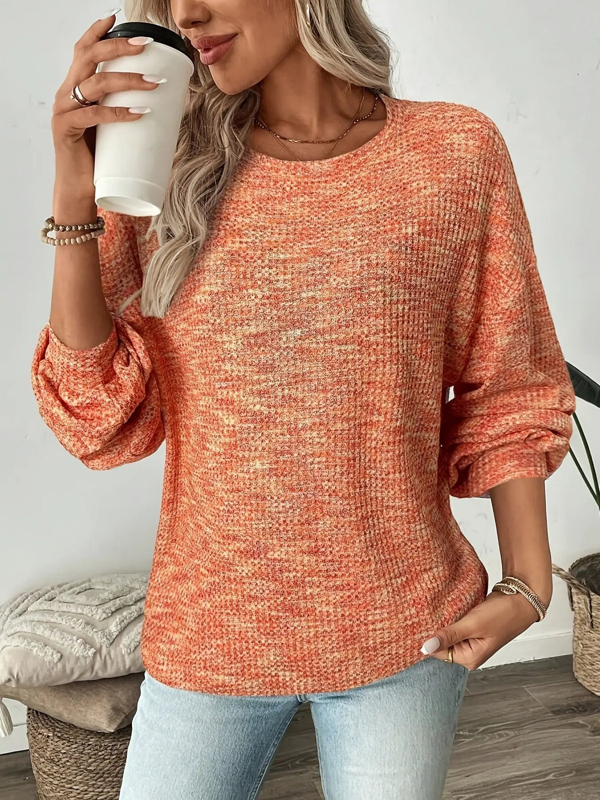 Women's Relaxed Waffle-Knit Jumper Classic Pullover-Women's Sweaters-Bellmaren-Orange-Red-S-My Store