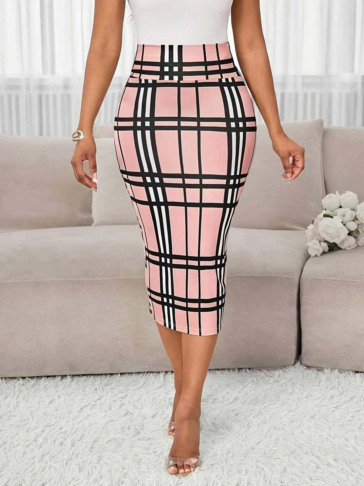Women's Plaid Pencil Skirt - Tailored Stretch Fit-Women's Skirts-Bellmaren-White-XS-My Store