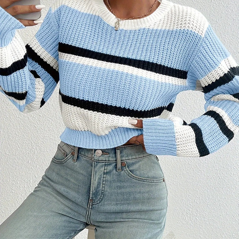 Women's Cropped Colour-Block Stripe Jumper – Relaxed Fit Knit