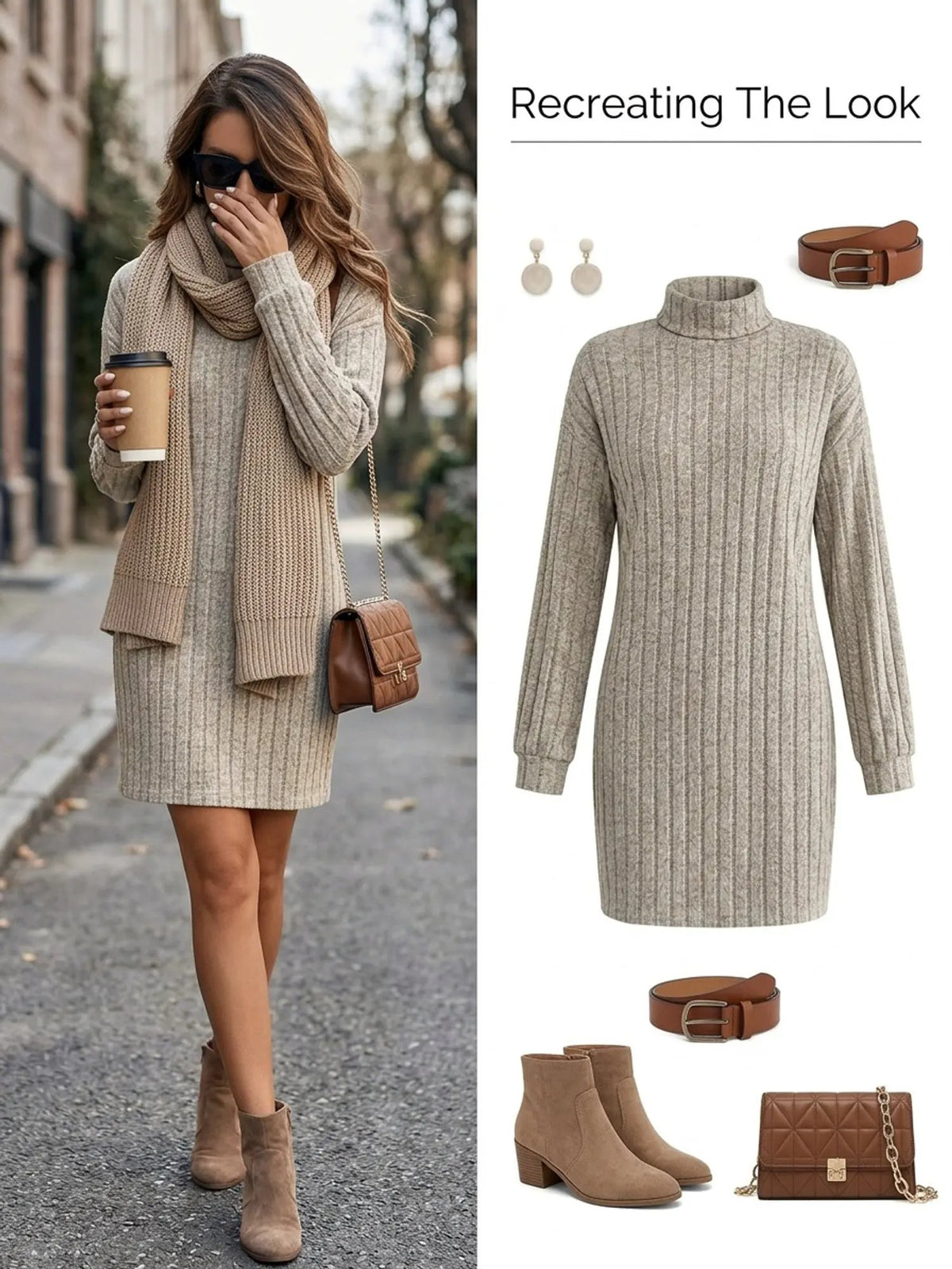 Women's Ribbed Turtleneck Sweater Dress Casual Layering-Women's Dresses-Bellmaren-Khaki-XS-My Store