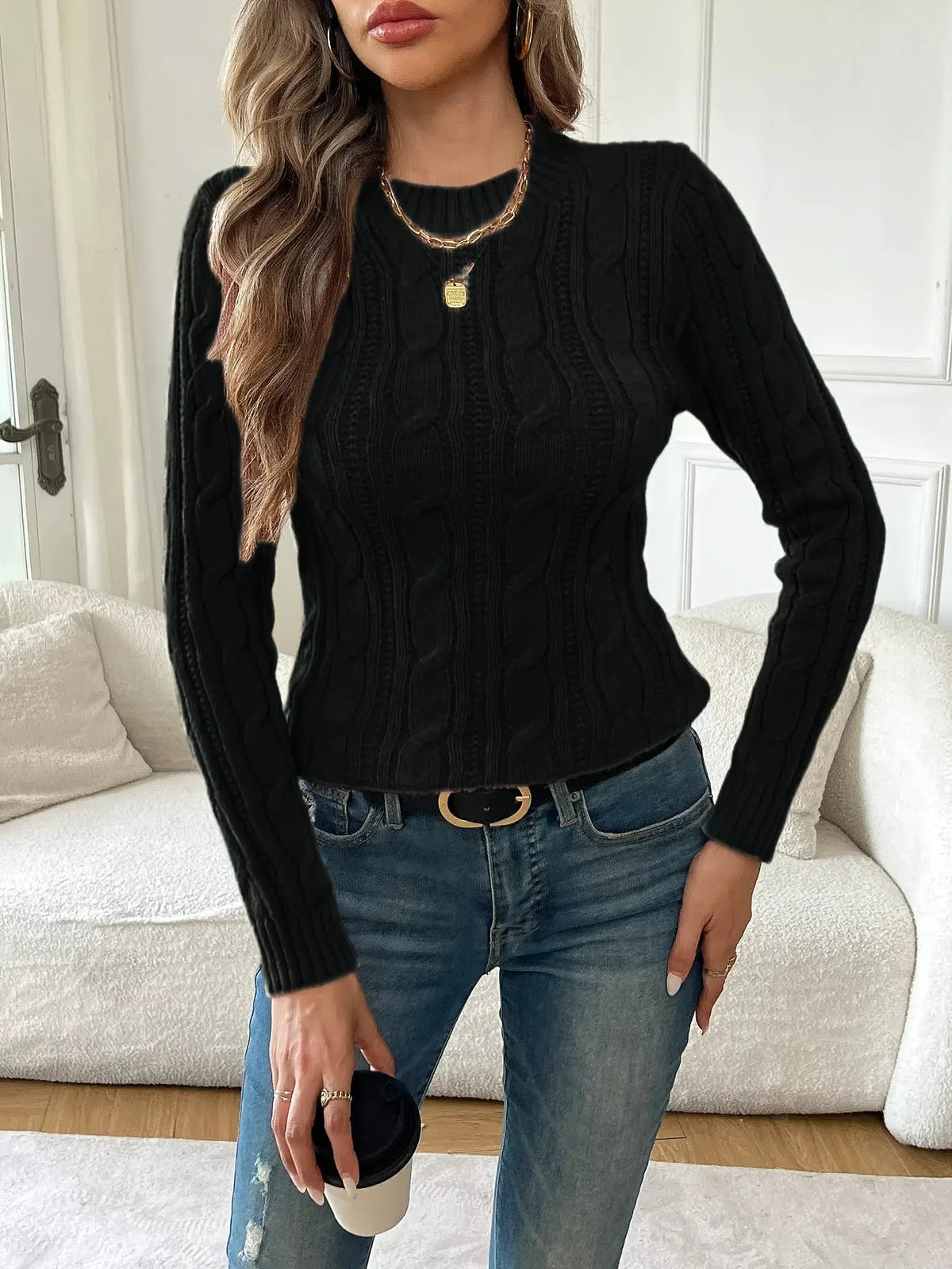 Women's Twist-Knit Round Neck Jumper-Women's Sweaters-Bellmaren-Black-S-My Store