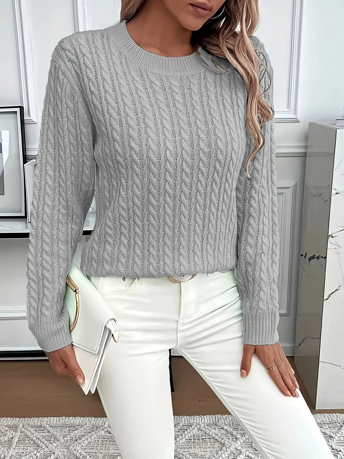 Women's Cable Knit Round Neck Jumper Relaxed Silhouette-Women's Sweaters-Bellmaren-Light Green-S-My Store