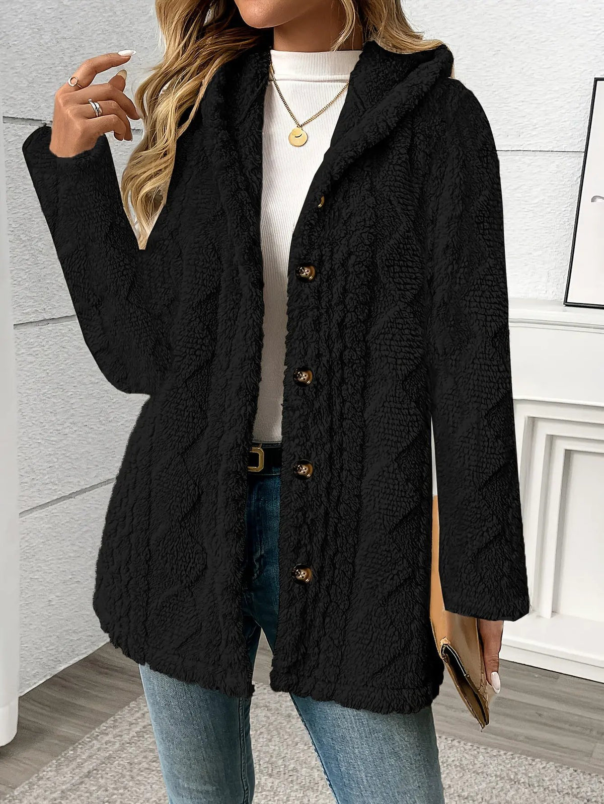 Women's Textured Button-Front Coat Relaxed Fit-Women's Coats & Jackets-Bellmaren-Black-S-My Store