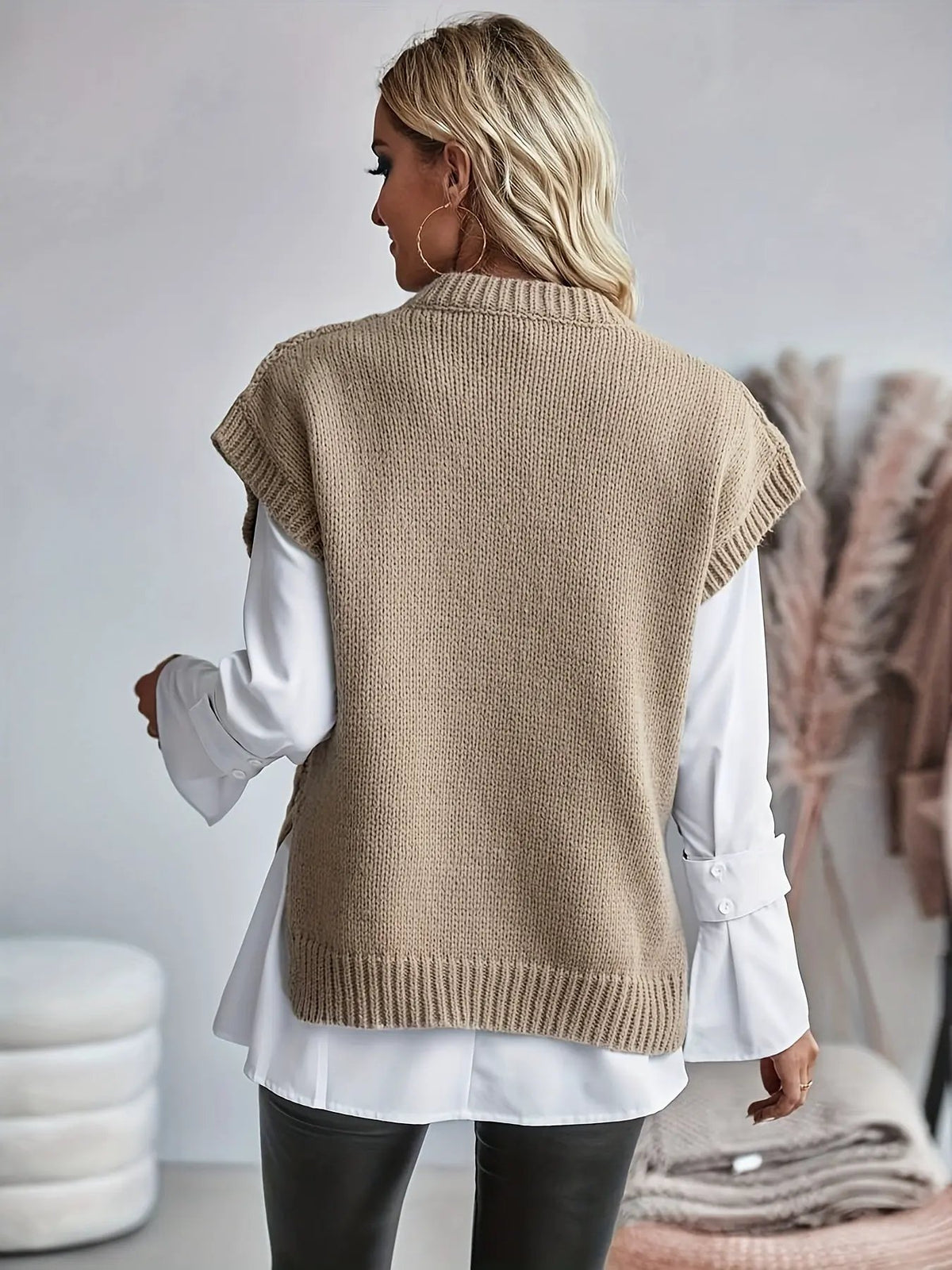 Women's Brown Cable-Knit Tank Top-Women's Vests-Bellmaren-Khaki-S-My Store
