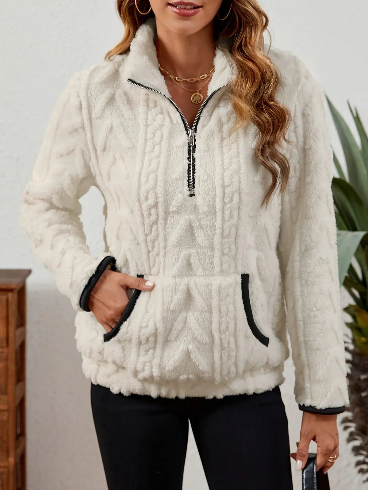Textured Women's Half Zip Pullover Kangaroo Pocket-Women's Sweaters-Bellmaren-Burgundy-S-My Store
