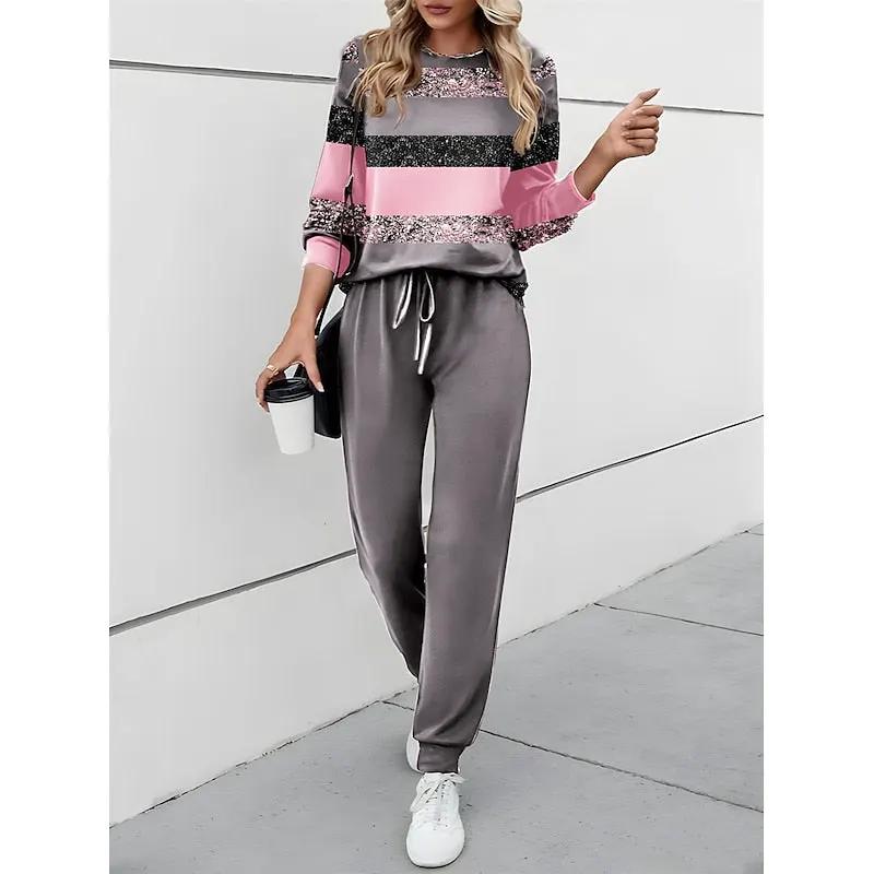 Women's Colour-block Two-Piece Set for Relaxed Outings-Women's Outfit Sets-Bellmaren-Pink-S-My Store