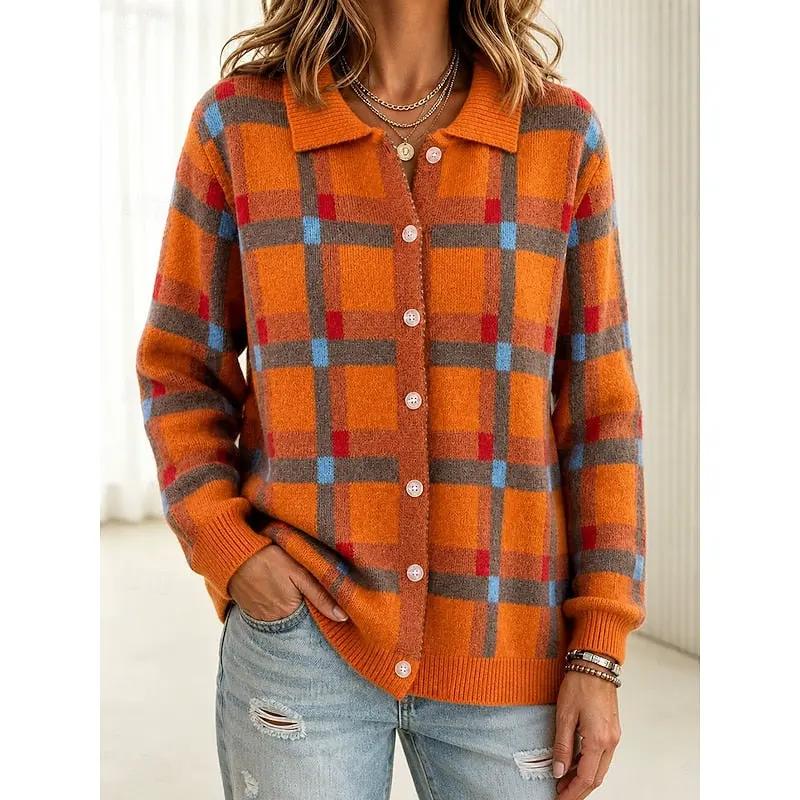 Women's Checked Knit Cardigan with Collar – Button-Front Layer
