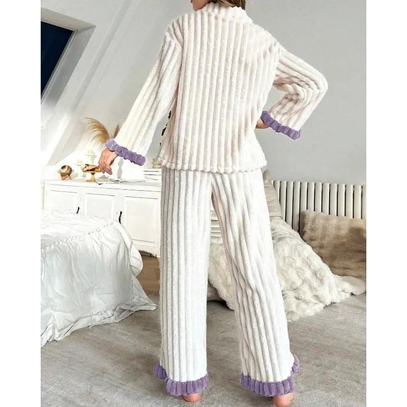 Women's Plush Ruffle-Trim Two-Piece Lounge Set-Women's Loungewear Sets-Bellmaren-Purple-S-My Store