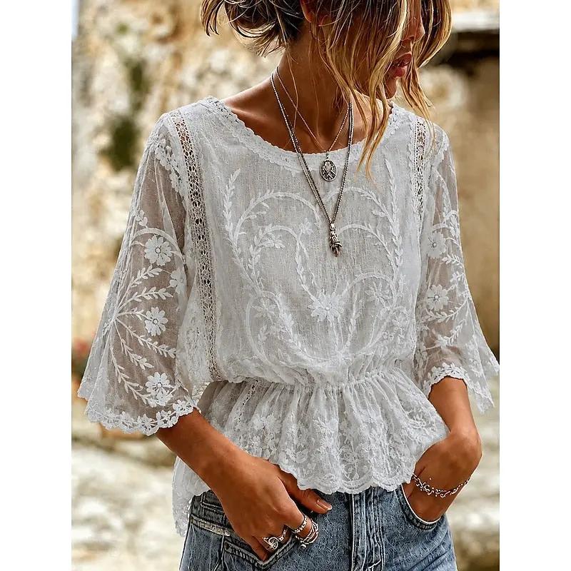 Women's Embroidered Peplum Blouse with Crew Neck-Women's Tops-Bellmaren-Grey-S-My Store